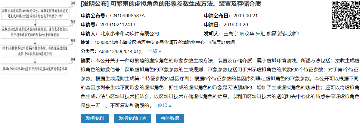 小米新专利可对虚拟角色进行基因繁殖：形象无法预期，并结合区块链技术