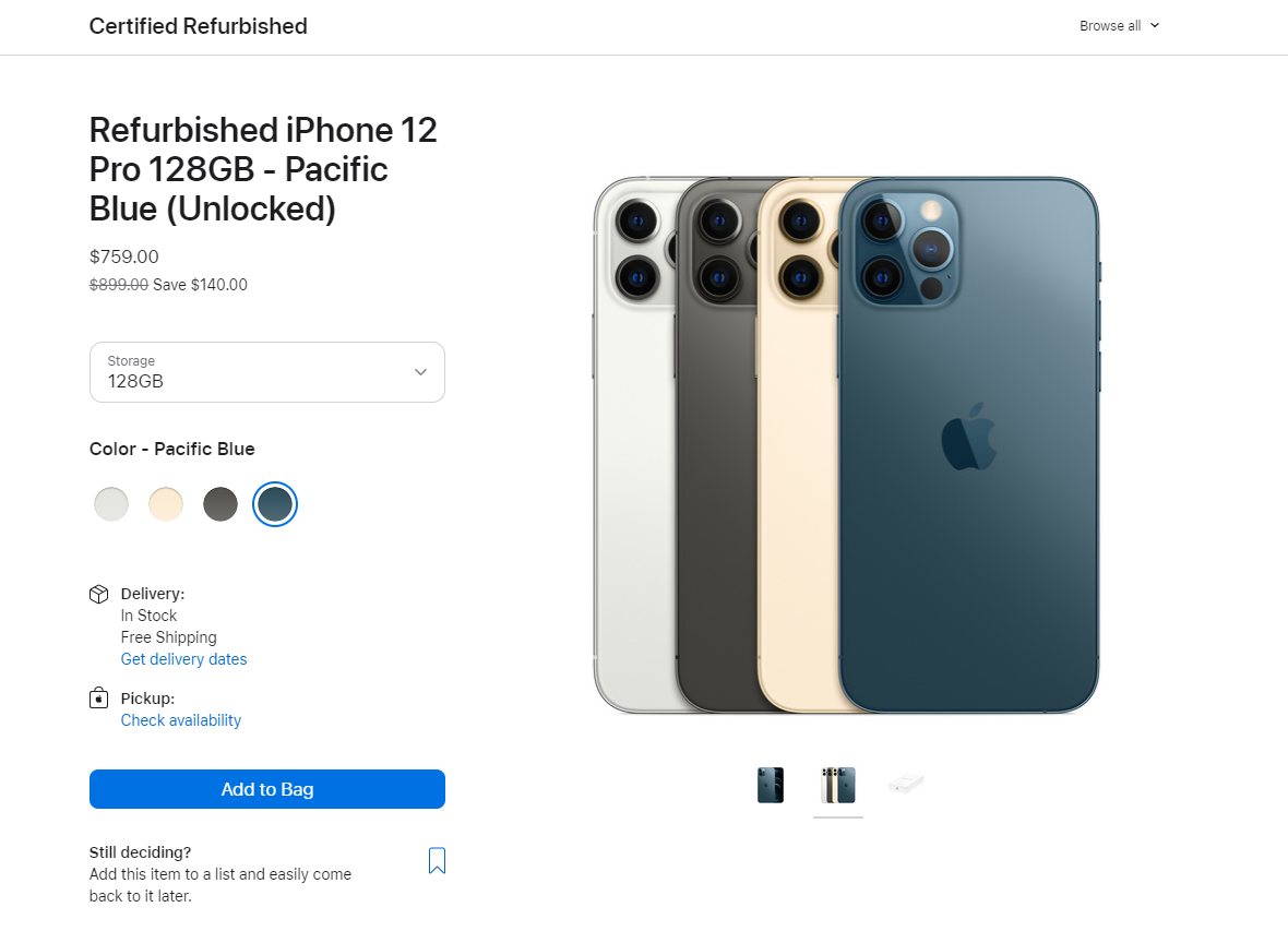 苹果美国商店补货 iPhone 12 Pro 翻新手机：约 5131 元起，采用白色简单包装盒