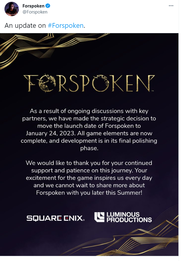 Square Enix 游戏大作《Forspoken》 又一次跳票，将首款支持微软 Win11 DirectStorage